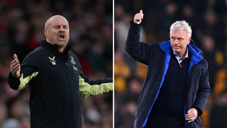 Split image: Sean Dyche during the Premier League match between Arsenal FC and Everton FC at Emirates Stadium, and David Moyes, Manager of Everton,...