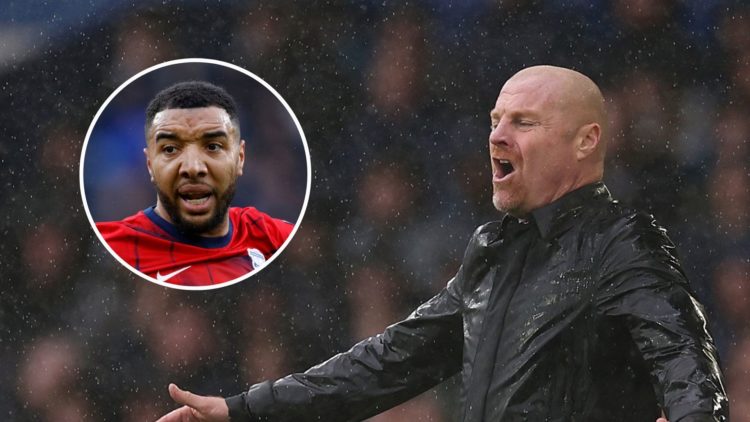 Sean Dyche, Manager of Everton, reacts during the Premier League match between Everton FC and Luton Town at Goodison Park. Inset, Troy Deeney of Bi...