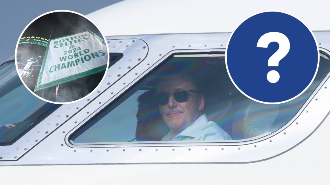 AS Roma President Dan Friedkin is seen during his arrival at Ciampino Airport on August 29, 2023. Inset, The Boston Celtics 2024 Championship banne...