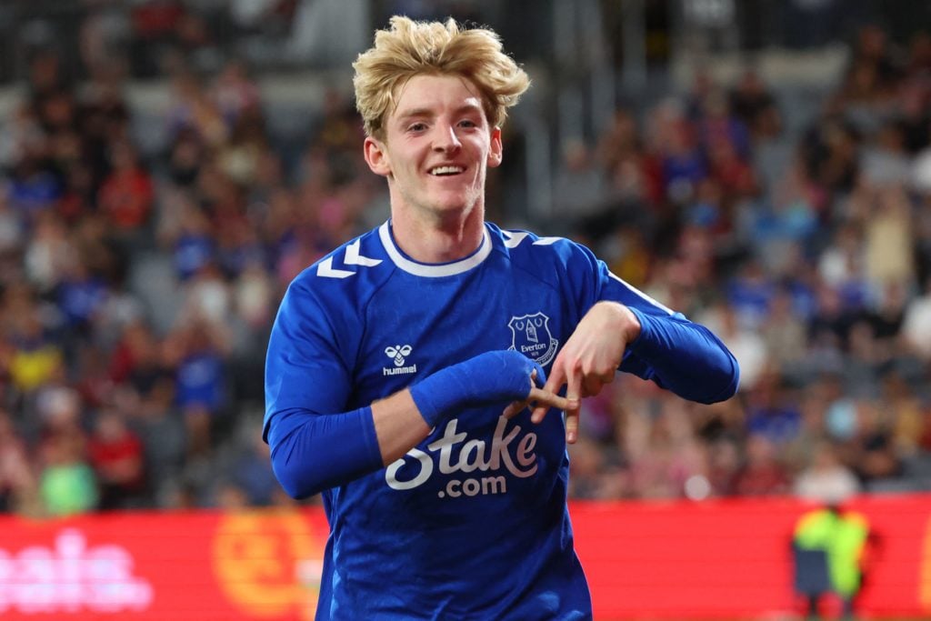 Anthony Gordon celebrating a goal for Everton.
