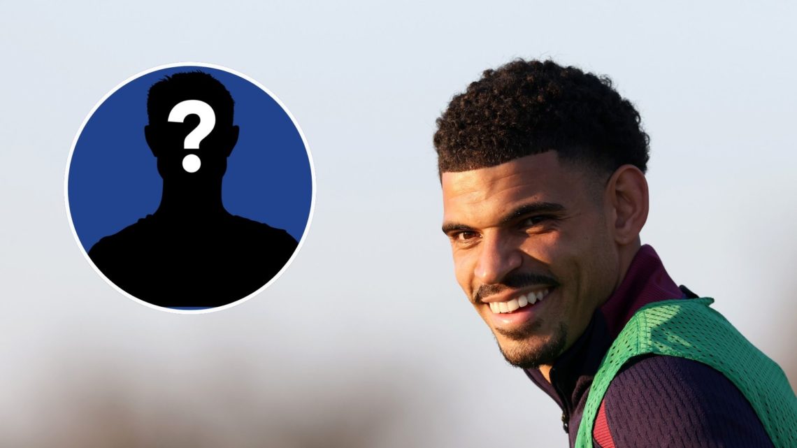 Morgan Gibbs-White of England looks on during a training session at Tottenham Hotspur Training Centre. Inset, Everton mystery player.