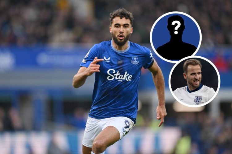 Dominic Calvert-Lewin of Everton in action during the Premier League match between Everton FC and Tottenham Hotspur. Insert, Harry Kane of England ...