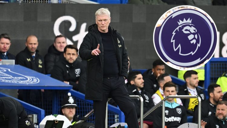 David Moyes, Manager of Everton, gestures during the Premier League match between Everton FC and West Ham United FC. Inset, The Premier League logo...