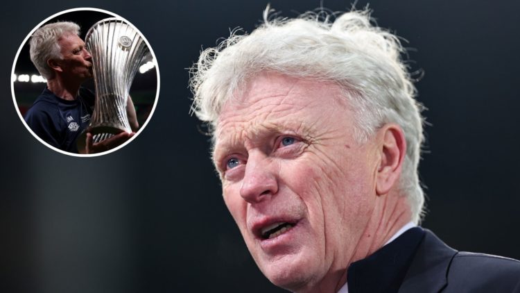 David Moyes, the manager of Everton, during the Premier League match between Everton FC and Liverpool. Inset, David Moyes, Manager of West Ham Unit...