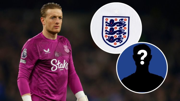 Jordan Pickford of Everton looks on during the Premier League match between Wolverhampton Wanderers FC and Everton FC. Inset, A detailed view of th...