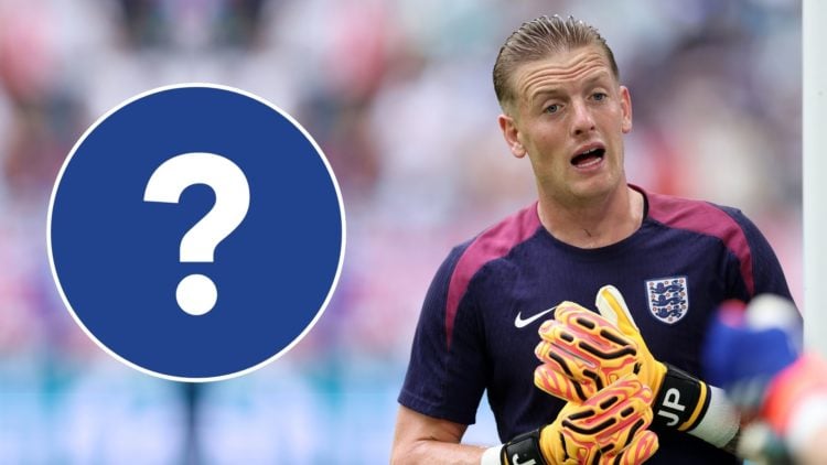 Jordan Pickford of England reacts whilst holding his hand during the warm up prior to the UEFA EURO 2024. Inset, a question mark.