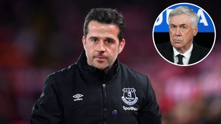 Marco Silva of Everton looks on during the Premier League match between Liverpool FC and Everton FC at Anfield on December 04, 2019. Inset, o Ancel...