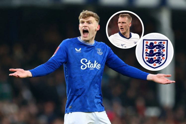 Jarrad Branthwaite of Everton gestures during the Emirates FA Cup Fourth Round match between Everton and AFC Bournemouth. Insert, Dan Burn of Engla...