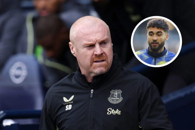 Sean Dyche, Manager of Everton, looks on prior to the Premier League match between Manchester City FC and Everton. Insert, Dominic Calvert-Lewin of...