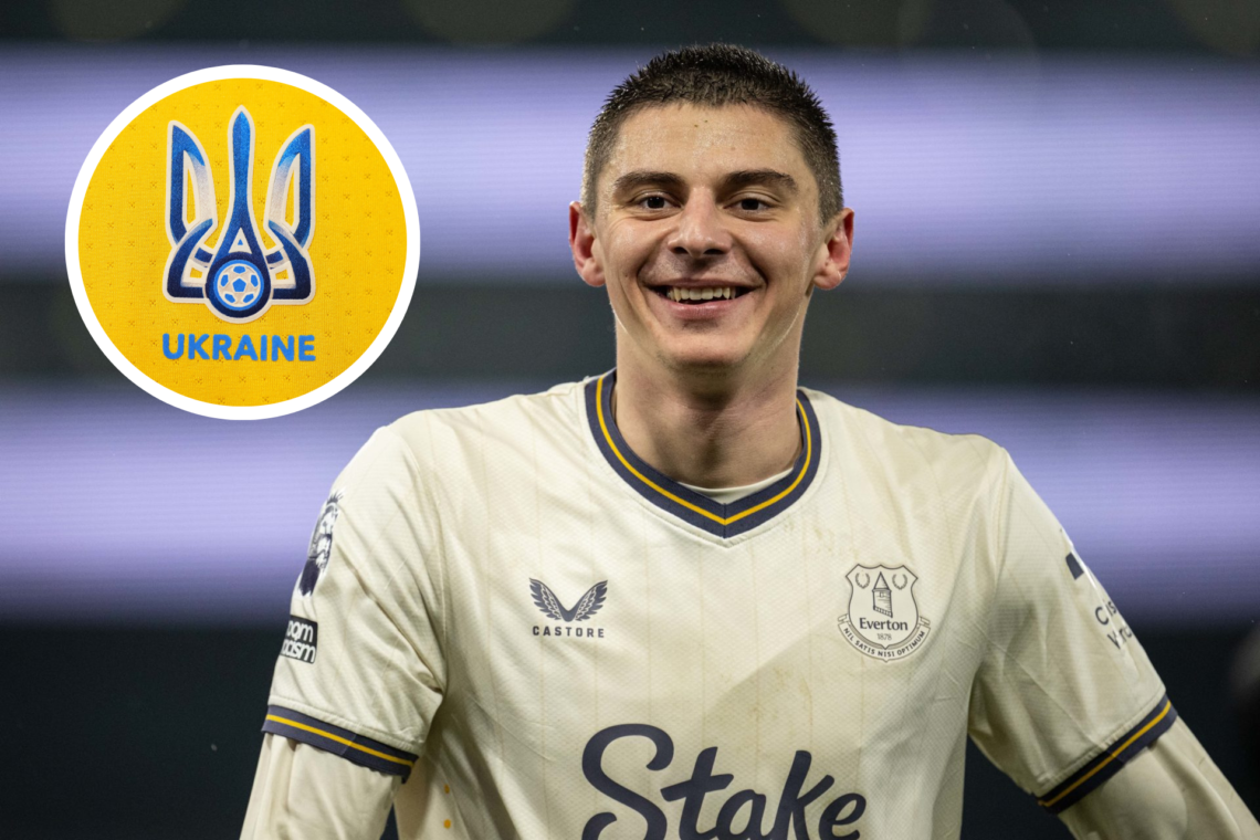 Vitalii Mykolenko during the Premier League match between Crystal Palace FC and Everton. A detail view of the national badge inside the Ukraine dre...