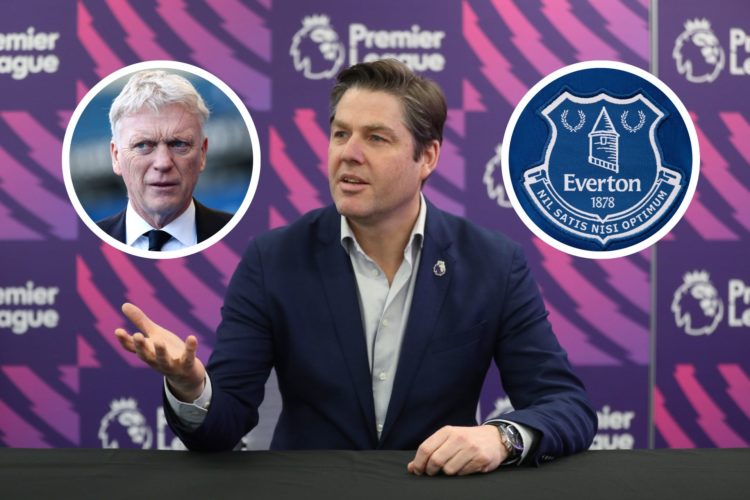 Richard Masters, Chief Executive of Premier League, addresses journalists during a media briefing. Insert, David Moyes, Manager of Everton, looks o...