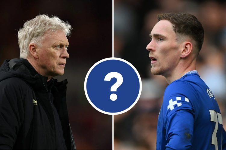 Split image of James Garner of Everton looks on during the Premier League match between Everton and West Ham. David Moyes, Manager of Everton looks...