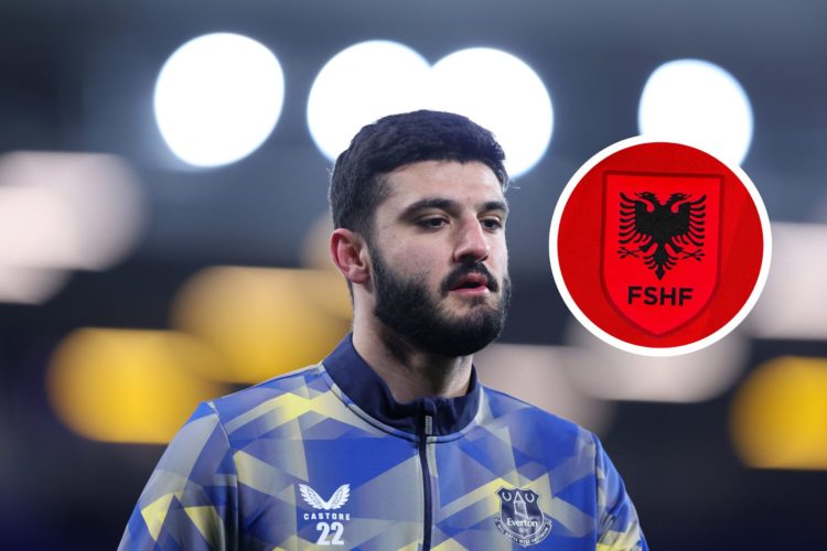 Armando Broja of Everton looks on during a warm up prior to the Emirates FA Cup Third Round match between Everton and Peterborough United at Goodis...