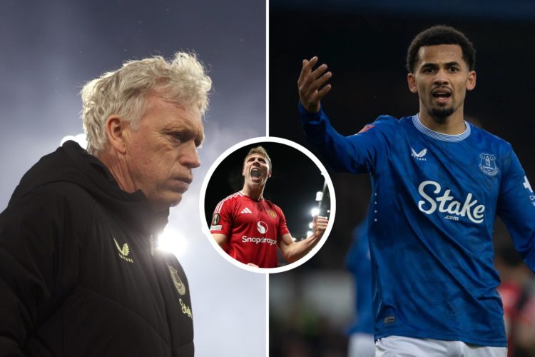Split image of Iliman Ndiaye of Everton gestures during the Emirates FA Cup Fourth Round match between Everton and AFC Bournemouth. David Moyes, Ma...