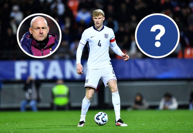Jarrad Branthwaite of England controls the ball during the Men's U21 international match between France and England. Lee Carsley, Head Coach of Eng...