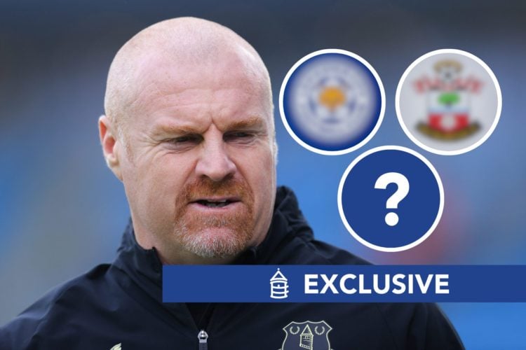 Sean Dyche, manager of Everton, during the Premier League match between Manchester City and Everton. Insert, The official Leicester City badge ahea...