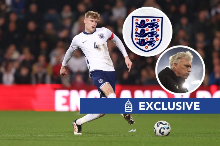 Jarrad Branthwaite of England passes the ball during the Men's U21 international match between England and Portugal. Insert, A detailed view of the...