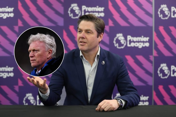 Richard Masters speaks to journalists. Insert: David Moyes watches on as Everton play Brentford.
