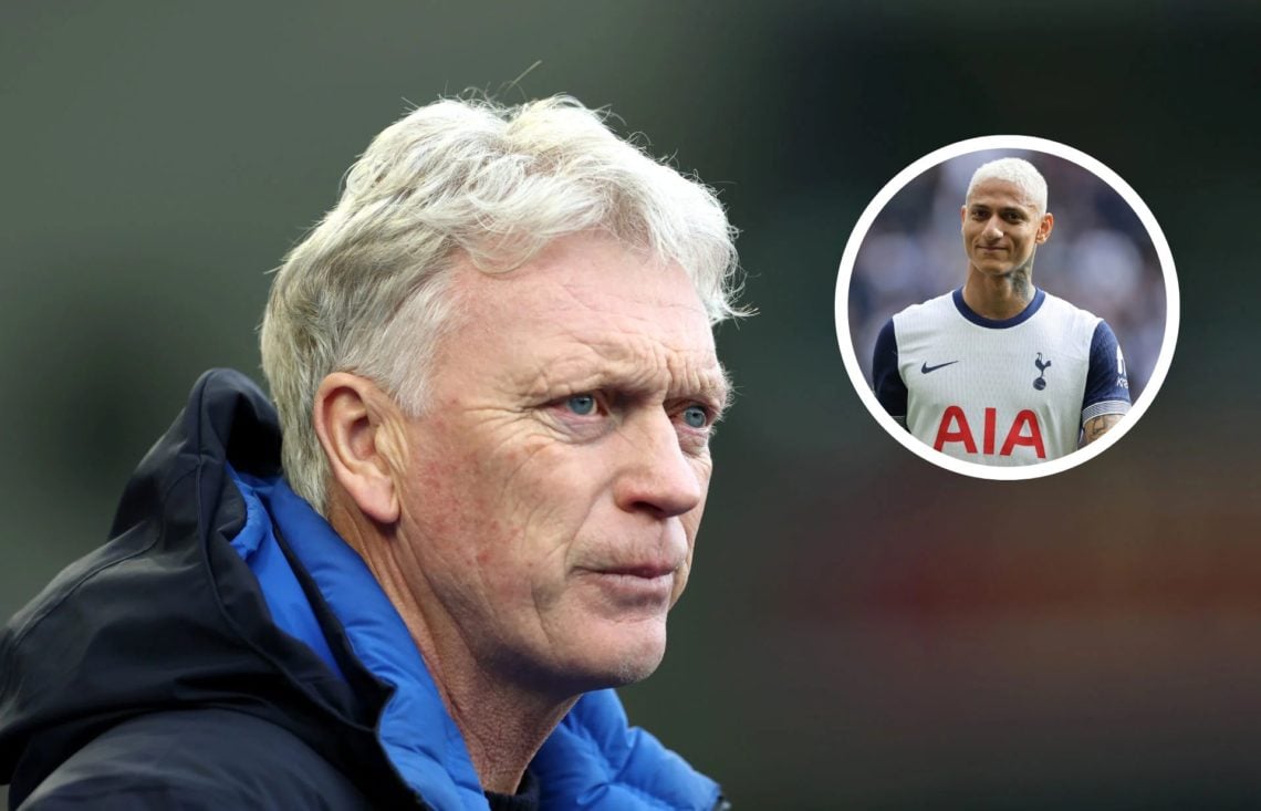 David Moyes, Manager of Everton, looks on prior to the Premier League match against Brighton. Insert, Richarlison of Tottenham Hotspur playing agai...