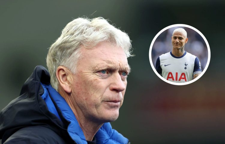 David Moyes, Manager of Everton, looks on prior to the Premier League match against Brighton. Insert, Richarlison of Tottenham Hotspur playing agai...