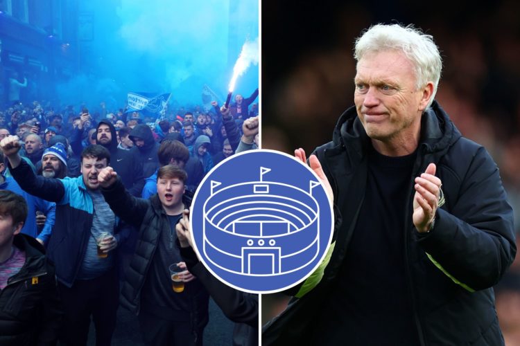 Split image of Everton fans show their support outside the stadium whilst awaiting the team coach, releasing flares prior to the Premier League mat...