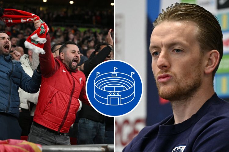 Split image of England's goalkeeper Jordan Pickford reacts during a press conference at St George's Park. Liverpool fans during the Carabao Cup Fin...
