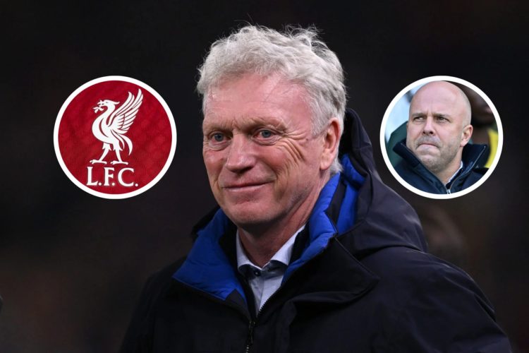 Everton manager David Moyes during the Premier League match between Wolverhampton Wanderers and Everton. Insert, Arne Slot, Manager of Liverpool, l...