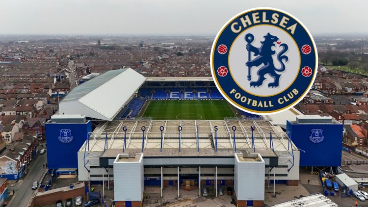 Everton stadium Goodison Park. Inset of Chelsea badge.