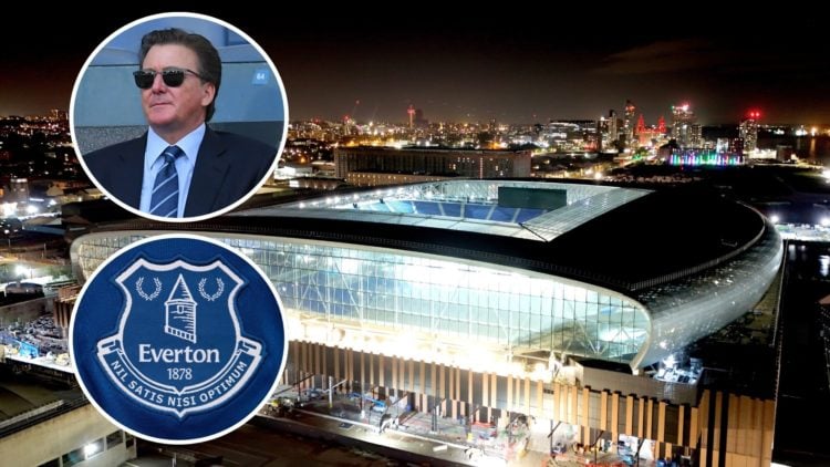 Everton's Bramley-Moore Dock Stadium. Inset of Dan Friedkin and Everton badge.