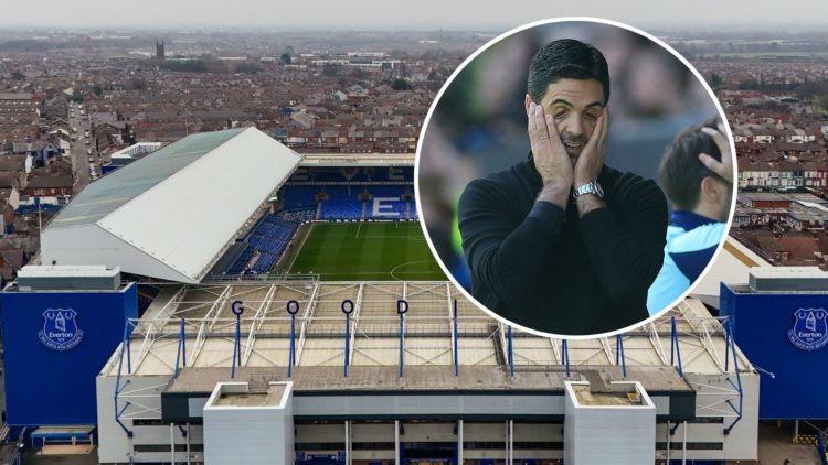 Everton's Goodison Park Stadium. Inset of Arsenal manager Mikel Arteta.