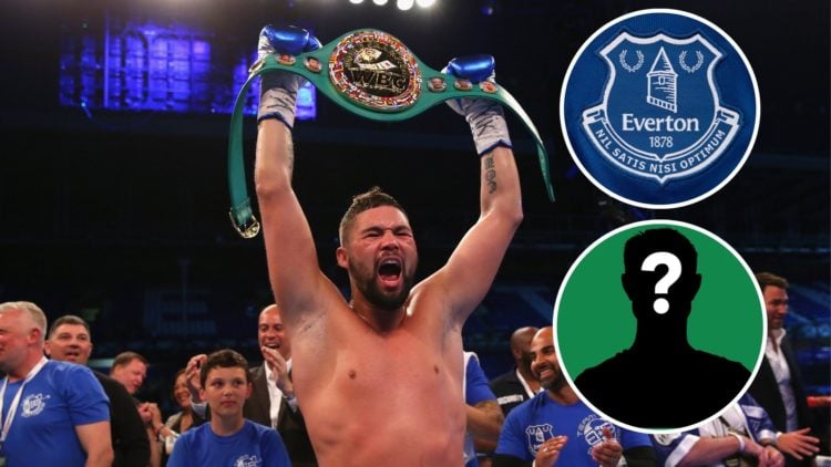 Boxing world championship Tony Bellew. Inset of Everton badge and mystery player.