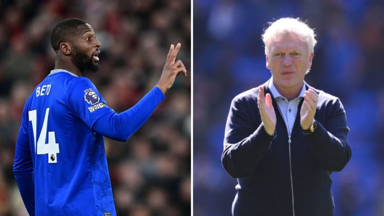 Split image: Everton manager David Moyes during the Premier League match between Everton FC and Arsenal FC at Goodison Park, and Everton's Beto rea...