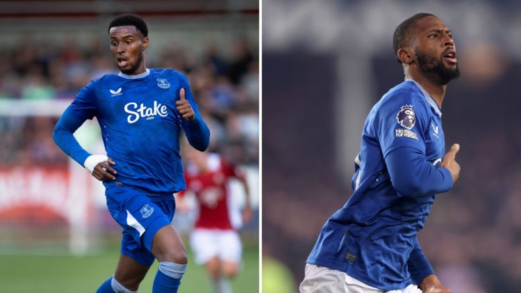 A split image of Youssef Chermiti of Everton in action during the pre-season friendly between Salford City and Everton. Beto of Everton celebrates ...