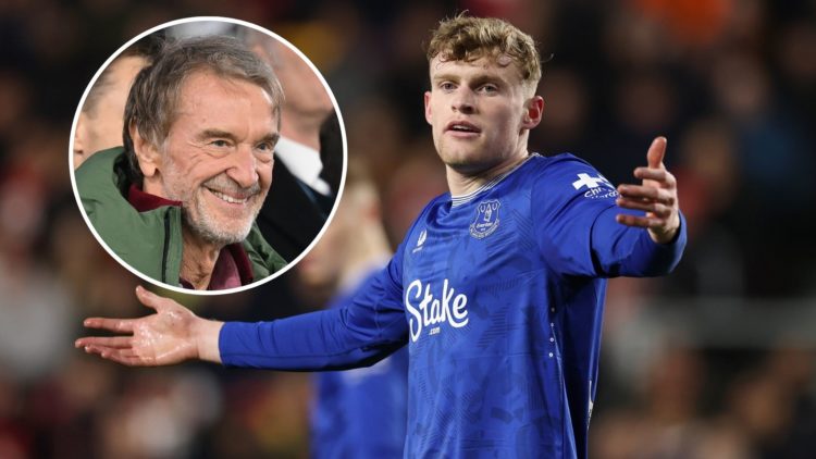 Everton centre-back Jarrad Branthwaite. Inset of Manchester United owner Sir Jim Ratcliffe.