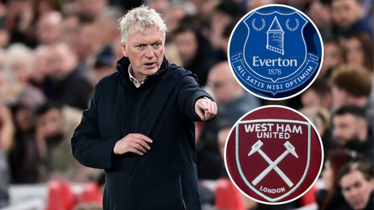 Everton manager David Moyes. Inset of Everton and West Ham United badges.