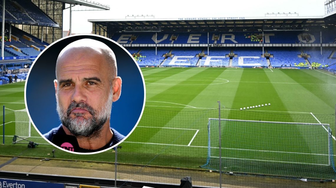 Manchester City manager Pep Guardiola. Inset of Goodison Park.