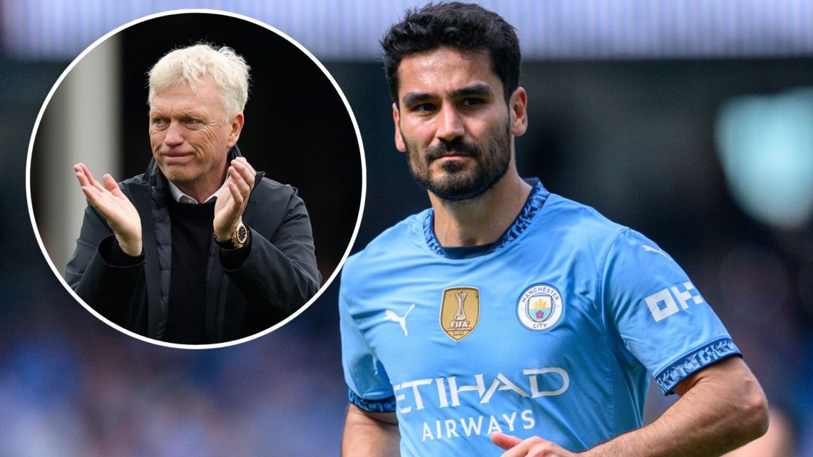 Manchester City midfielder Ilkay Gundogan. Inset of Everton manager David Moyes.