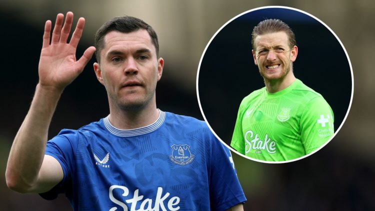 Everton defender Michael Keane. Inset of Jordan Pickford.