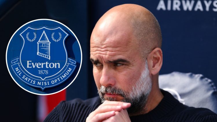 Manchester City manager Pep Guardiola. Inset of Everton badge.