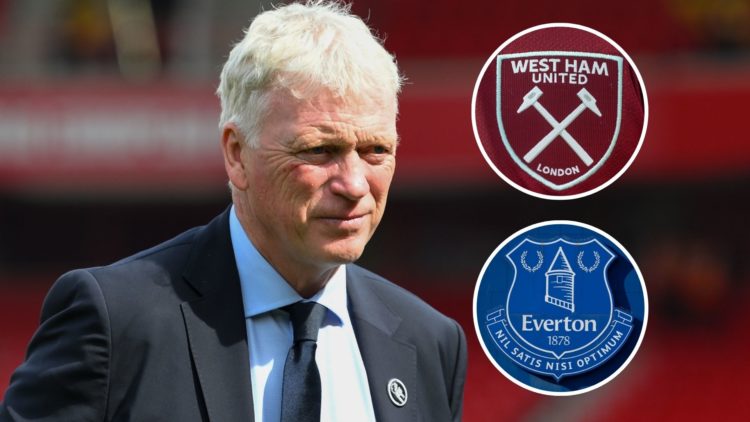 Everton manager David Moyes. Inset of Everton and West Ham United badges.