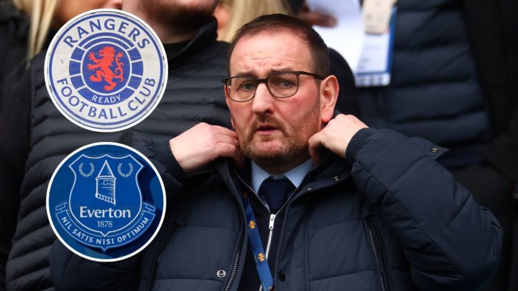 Everton sporting director Kevin Thelwell. Inset of Rangers and Everton badges.