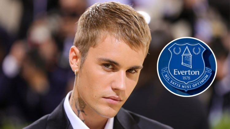 Canadian popstar Justin Bieber. Inset of the Everton badge.