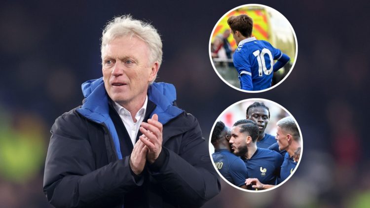 Everton manager David Moyes. Inset of Rayan Cherki and Harrison Armstrong.