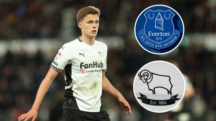 Everton star Harrison Armstrong in action for Derby County. Inset of Everton and Derby badges.