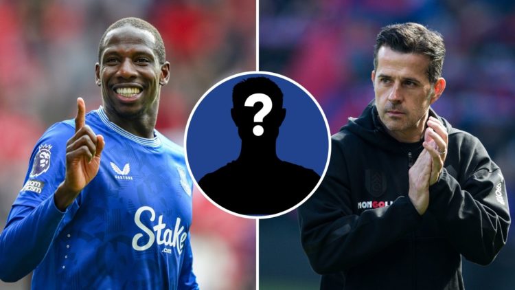 A split image of Abdoulaye Doucoure of Everton celebrating after scoring a 90+4 minute goal to make it 0-1 during the Premier League match between ...
