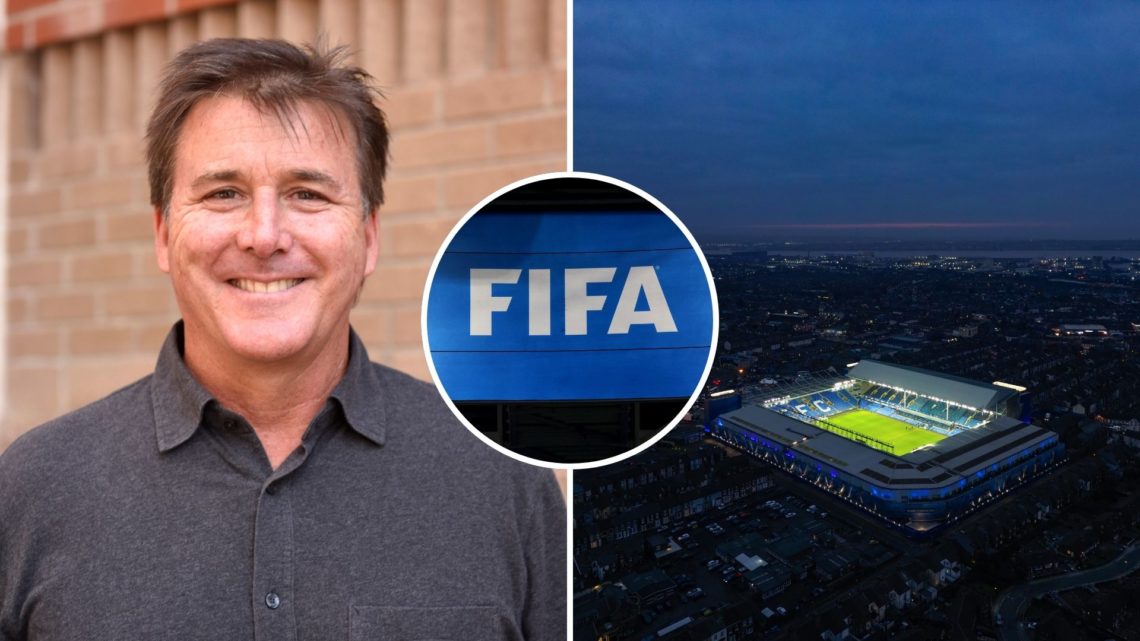 A split image of Dan Friedkin attends the Telluride Film Festival 2019 attend on September 1st, 2019. An aerial view of Goodison Park after the Pre...