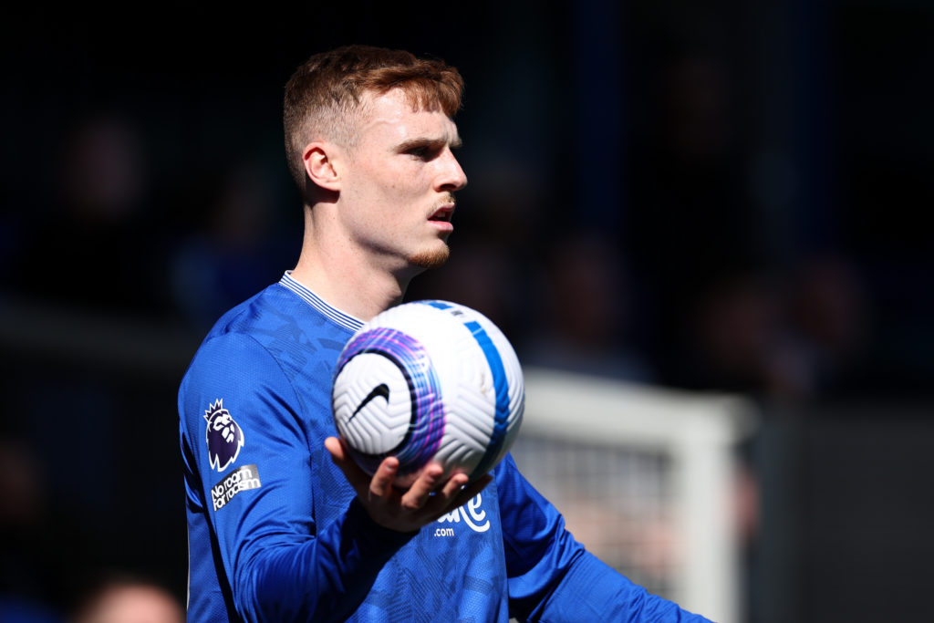 Everton defender Jake O'Brien in action vs Liverpool.