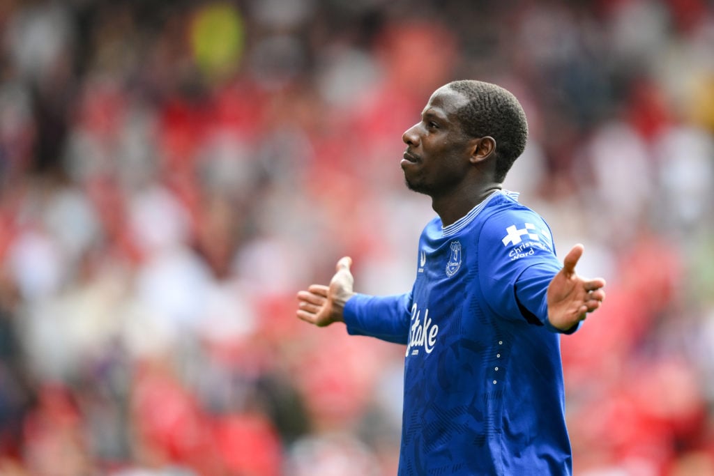 Abdoulaye Doucoure celebrates after scoring for Everton against Nottingham Forest.