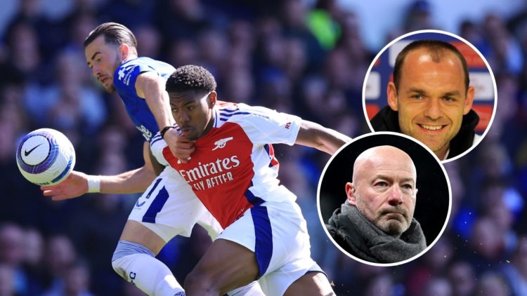 Myles Lewis-Skelly of Arsenal fouls Jack Harrison of Everton to concede a penalty during the Premier League match between Everton FC and Arsenal FC...