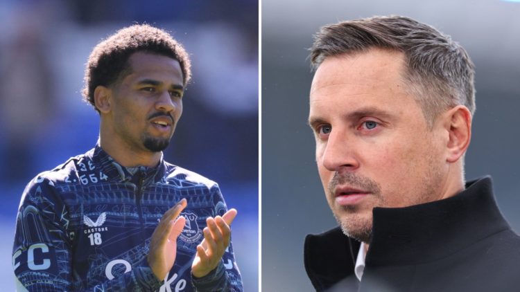 Split image: Everton's Iliman Ndiaye during the Premier League match between Everton FC and Arsenal FC at Goodison Park, and Phil Jagielka working ...